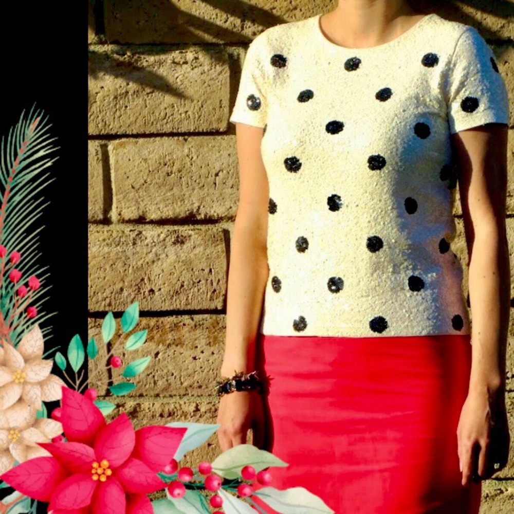 J. Crew Sequin Ivory and Black Polka Dot Top - Picture 9 of 16